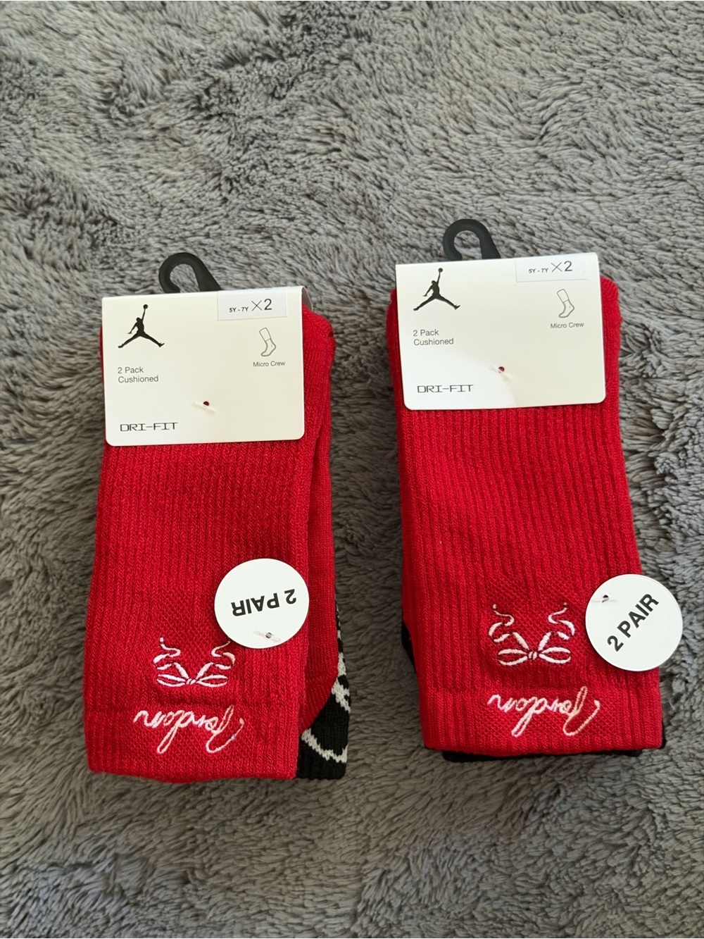 Jordan Girl’s (2) 2-Pack Red Cushioned Dri-FIT Crew Socks Youth 5y-7y